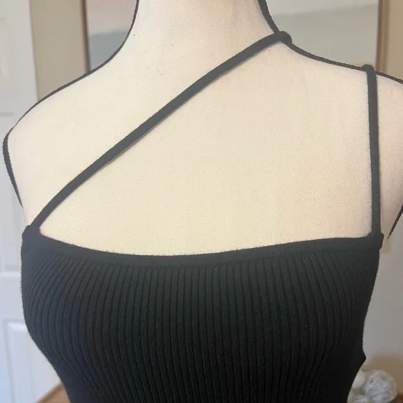 Abercrombie & Fitch Black Ribbed Asymmetrical Strappy Maxi Dress Small Tall - Picture 3 of 12